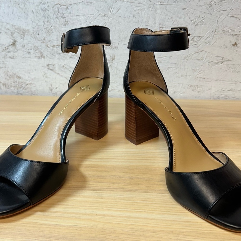 ANTONIO MELANI Black Leather Block Heel Sandals - Picture 2 of 10